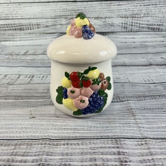 Vintage Cardia Kitchen Canister w/ Lid Fruit Kitchen Grapes Lemons Strawberries - Picture 2 of 11